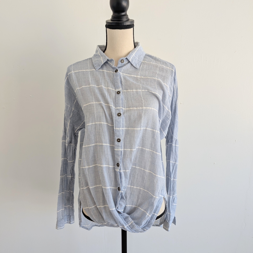 Blue and White Long Sleeve Button Down with Dress Collar
